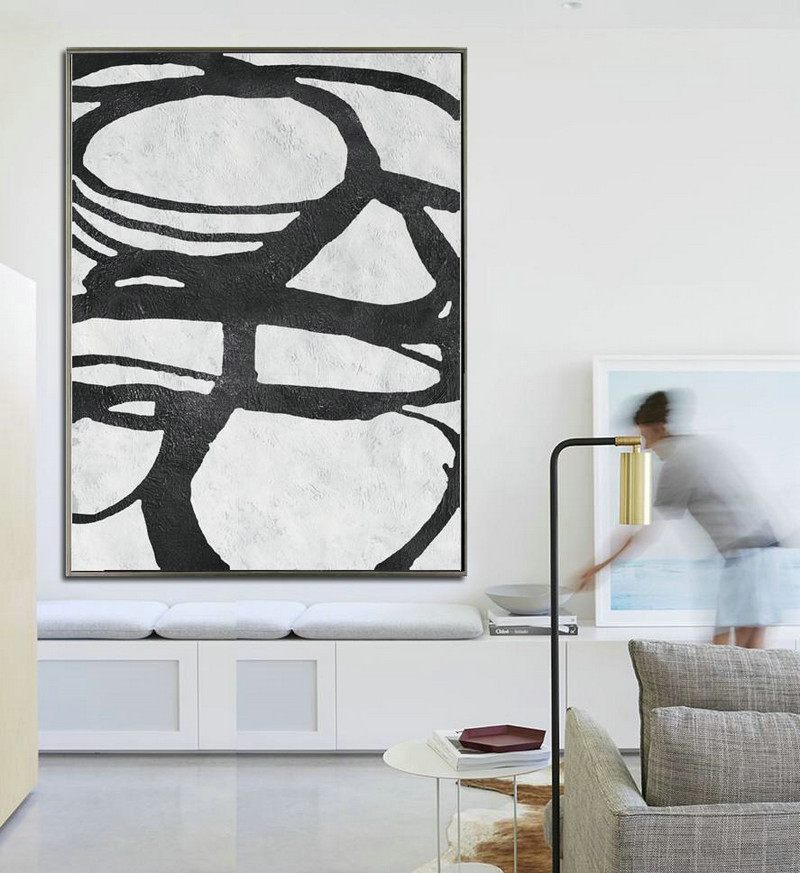 Large Abstract Art,Black And White Minimal Painting On Canvas - Abstract Paintings On Sale